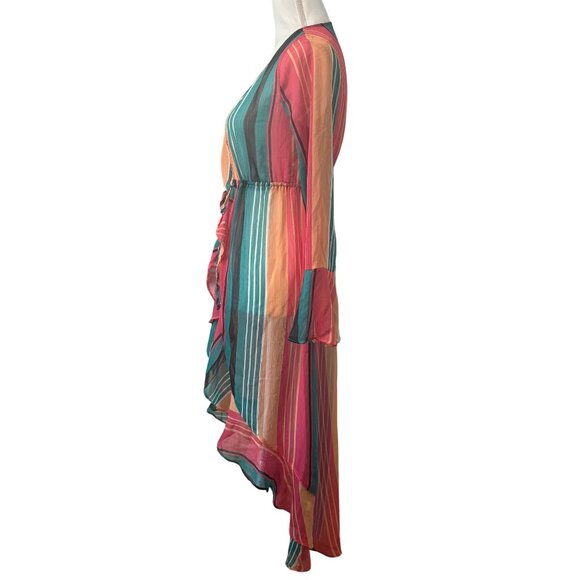 No Boundaries Striped Multicolor Sheer High-Low Ruffle Duster Cardigan Size S - Picture 2 of 11